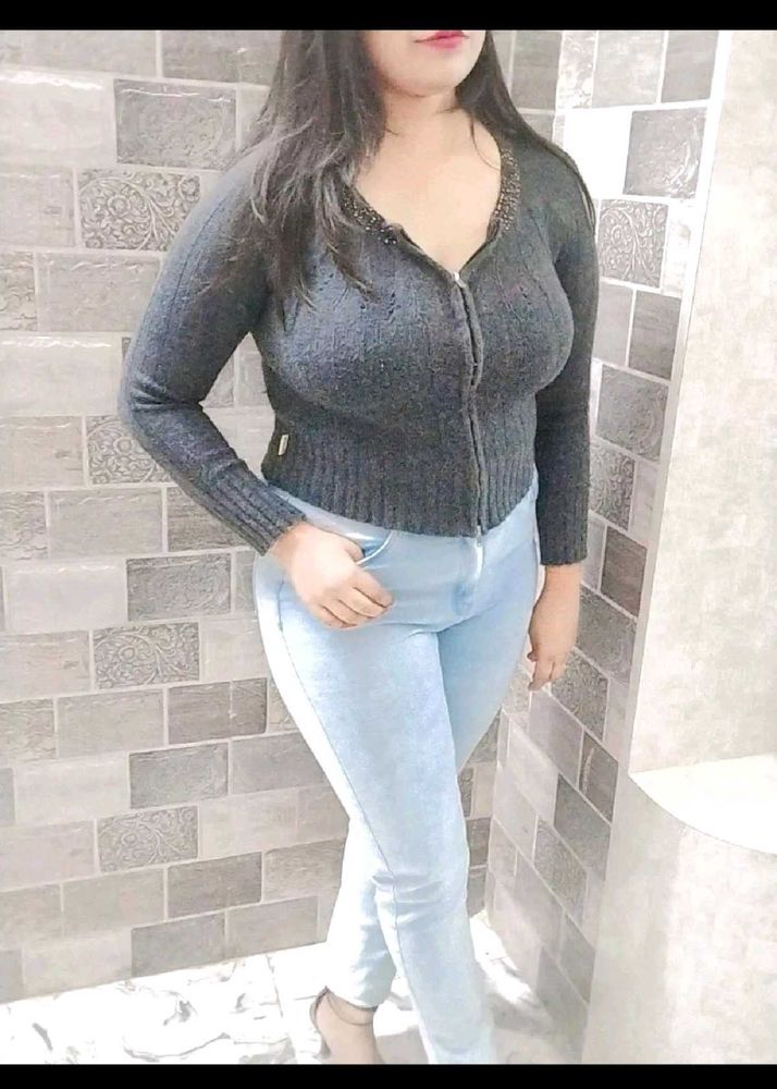 Gray Knit Zip-Up Cardigan