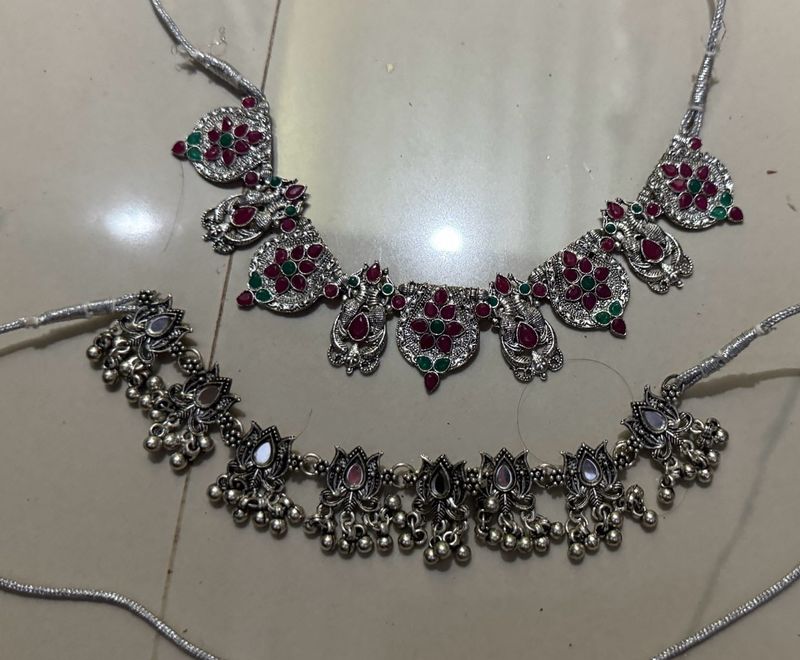 Ethnic Oxidized Silver Choker Necklace Set