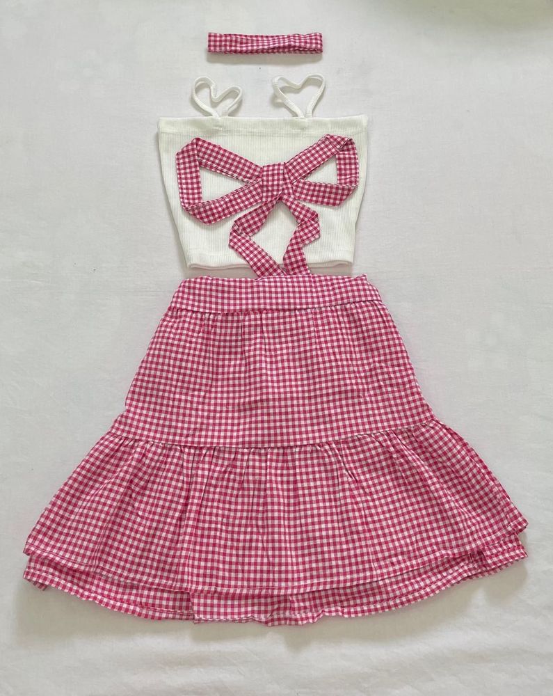 Imported Pink Gingham Set Skirt Top Choker