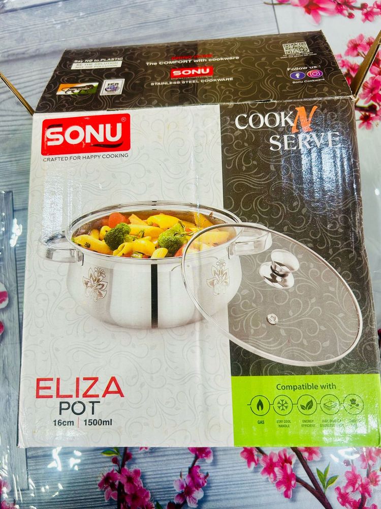 New Stainless Steel Pot With glass Lid-16cm/1500ml