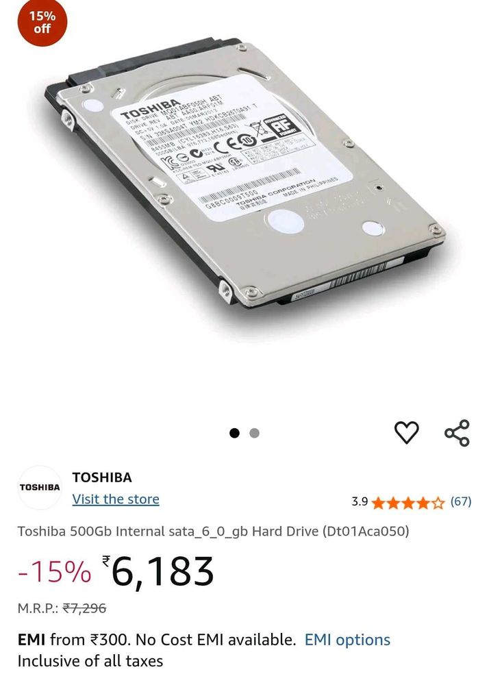 Toshiba 500GB Internal Hard Drive (DT01ACA050)