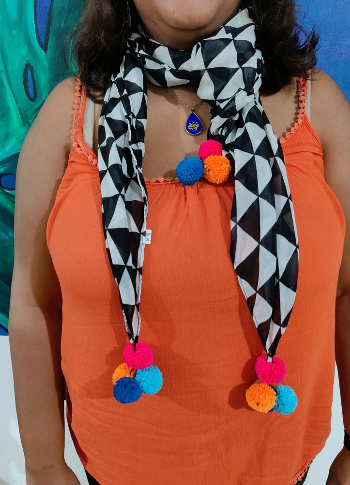Black &amp; White Scarf With Pom Poms