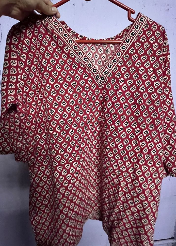 Red Printed V-Neck Blouse