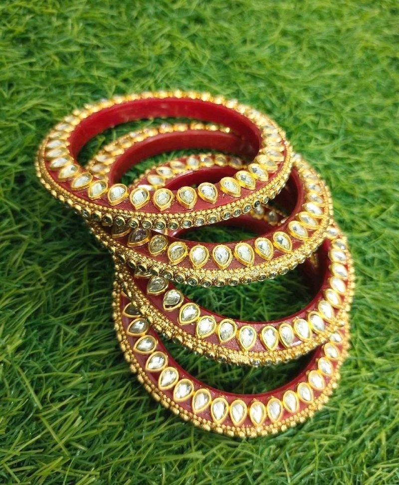 💥🆕️ Rajwadi Red Kundan Bangles (Set Of 4)