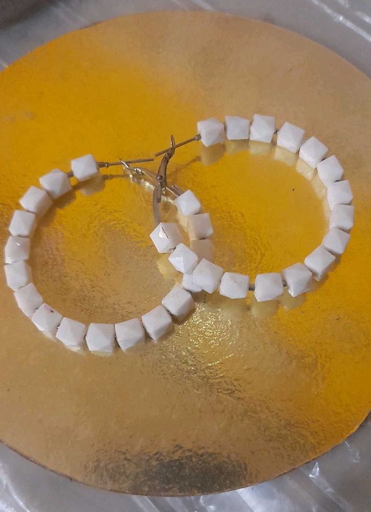 Funky White Beaded Hoop Earrings
