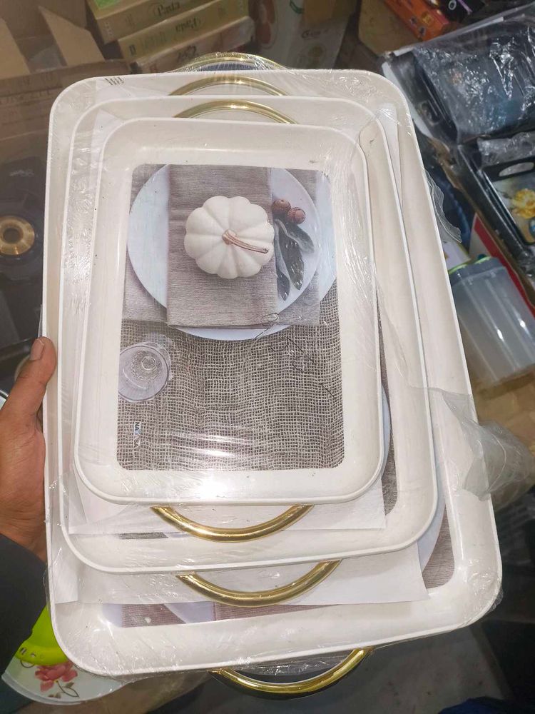 White &amp; Gold Decorative Tray Set (3)