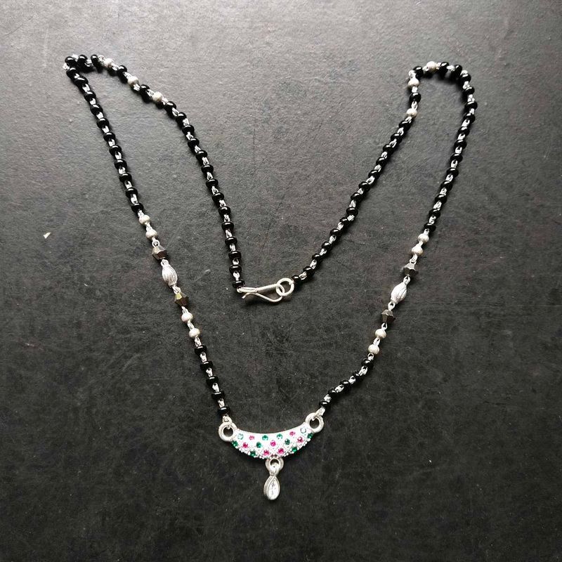 Pure Silver Beautiful Green &amp; Pink CZ Mangalsutra