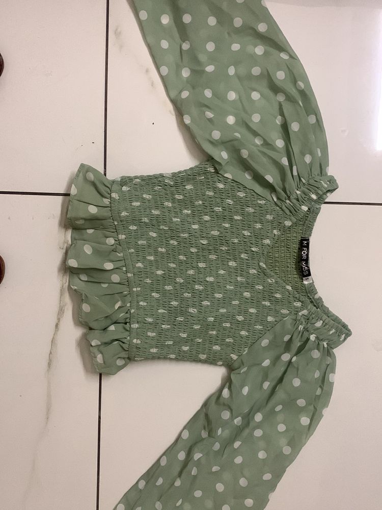 Ruched Stretchable Crop Top With Bell Sleeves In Sage Green Colour