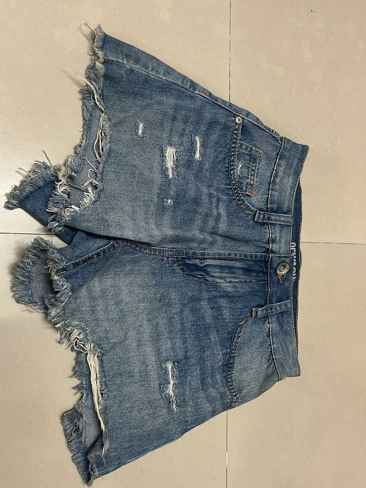 Distressed Denim Mini Skirt Shorts