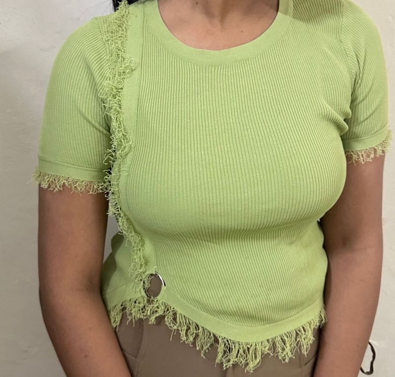 Lime Green Ribbed Fringe Top
