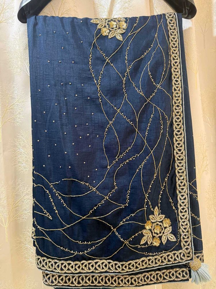 Navy Blue handwork And Diamond Saree