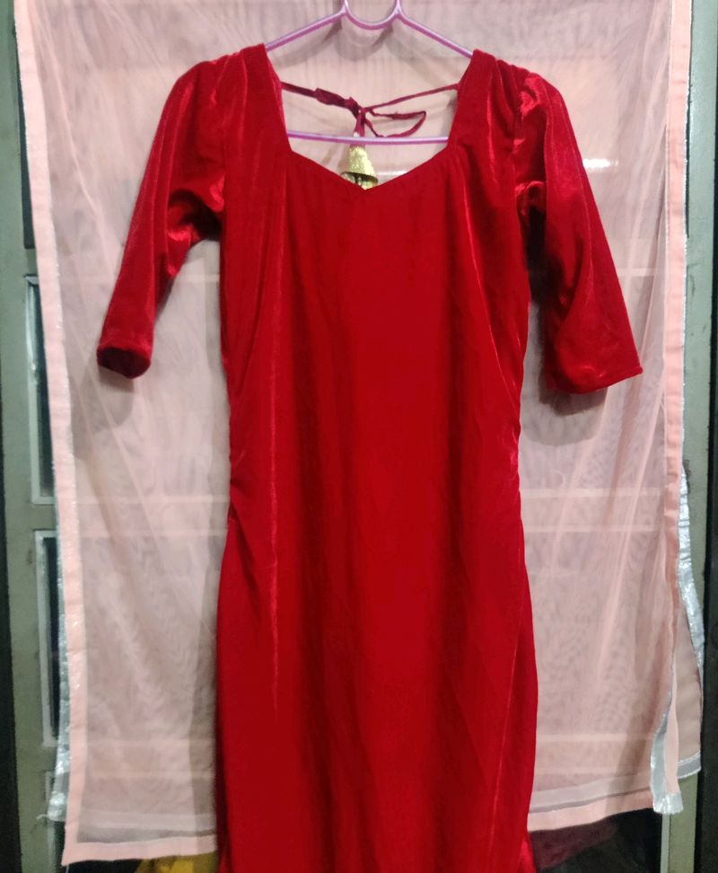 Hot Red Velvet Kurti With Back Design