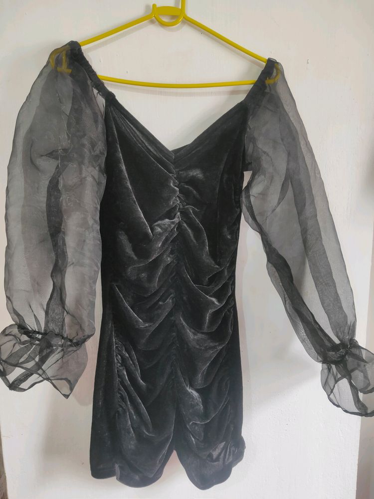Black Velvet Puff Sleeve Dress