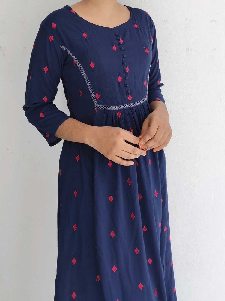 Navy Blue Printed Kurti Dress – Elegant &amp; Comfy! ✨