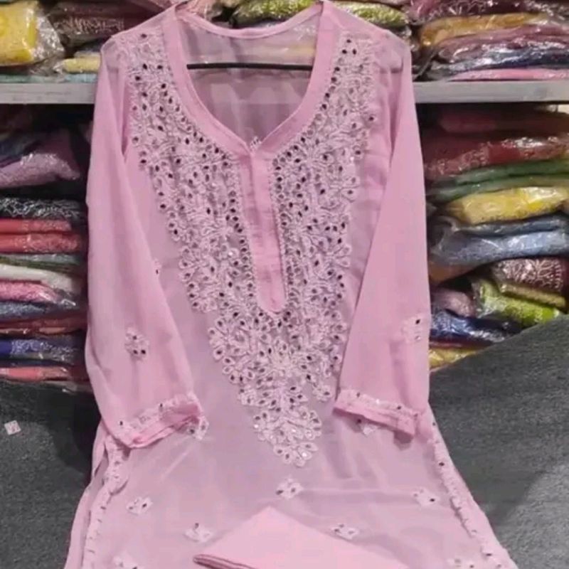 Pink Lacknowi  Kurti With Inner