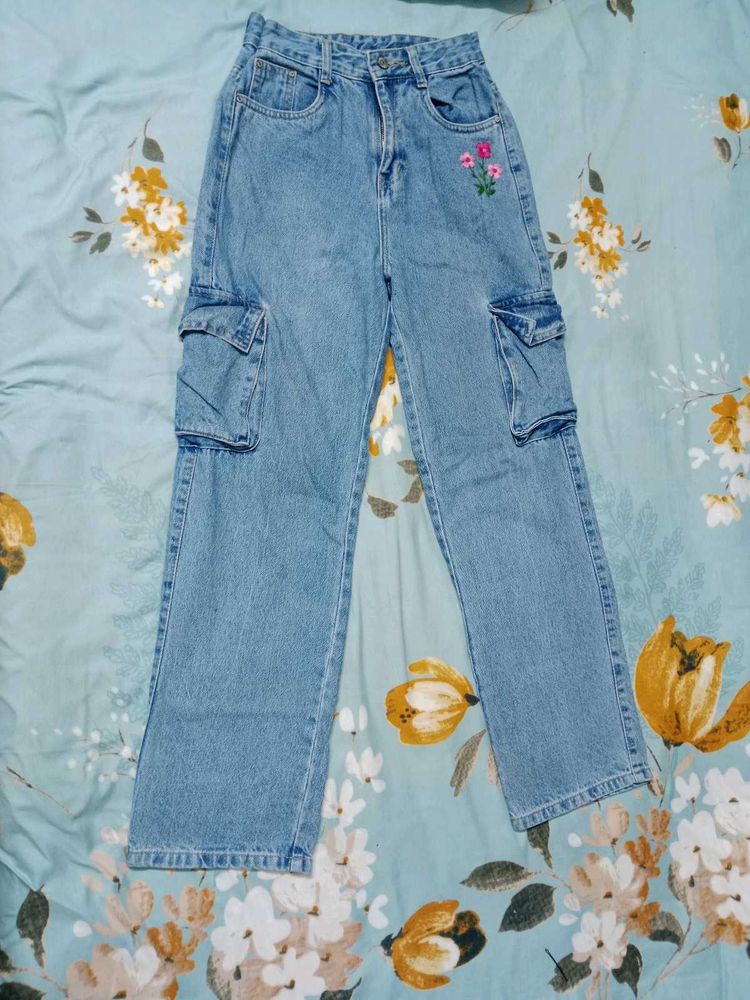 Embroidered Floral Cargo Jeans
