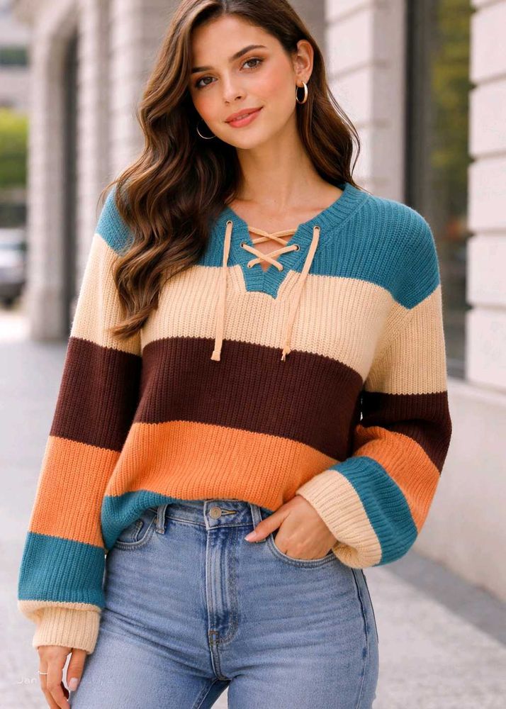 Striped Lace-Up V-Neck Sweater