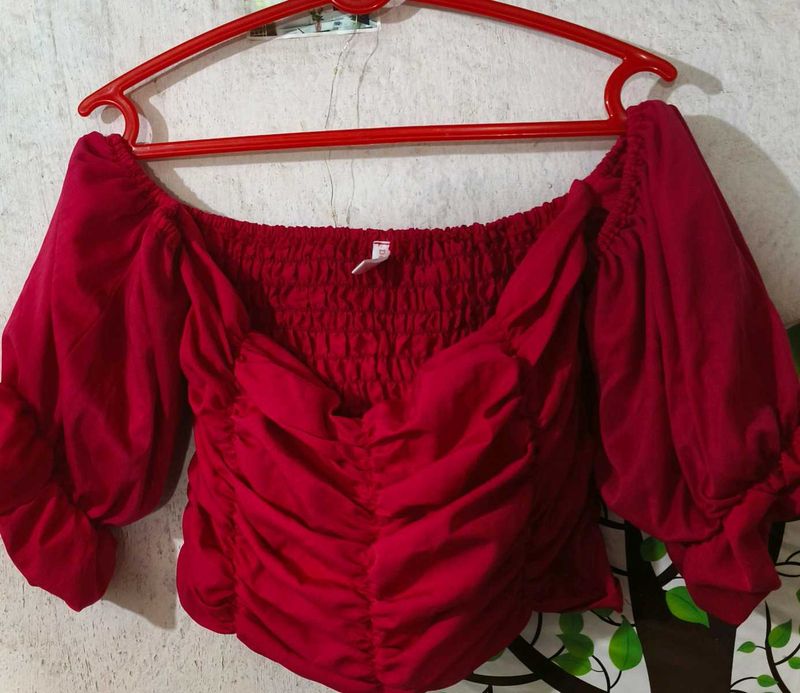 More Reddish Pink  Puff Sleeve Crop Top