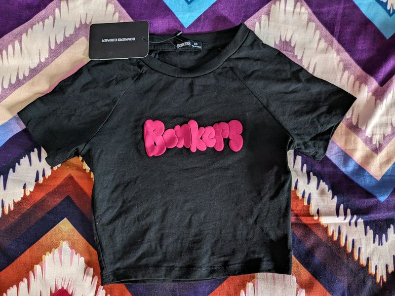 New Black Crop Top With Hot Pink Graphic