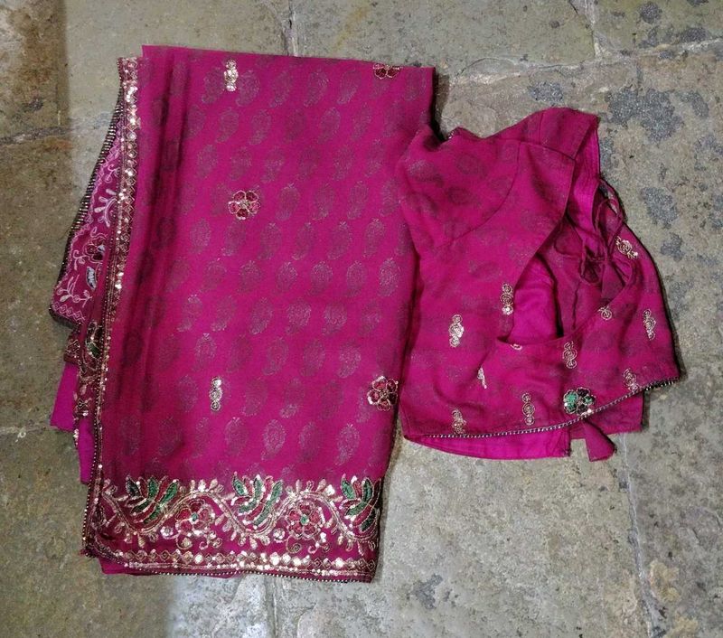 Dark Pink Saree with Blouse