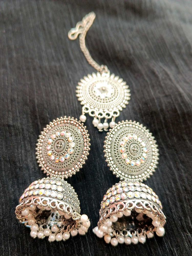Silver Jhumka Earrings and Maangtika
