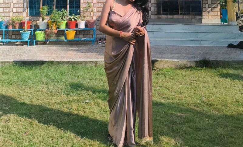 mauve , chocolate brown saree