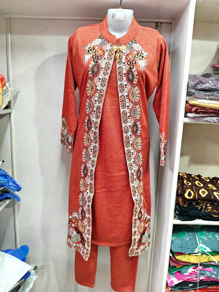 Orange Embroidered Knit Pant Set