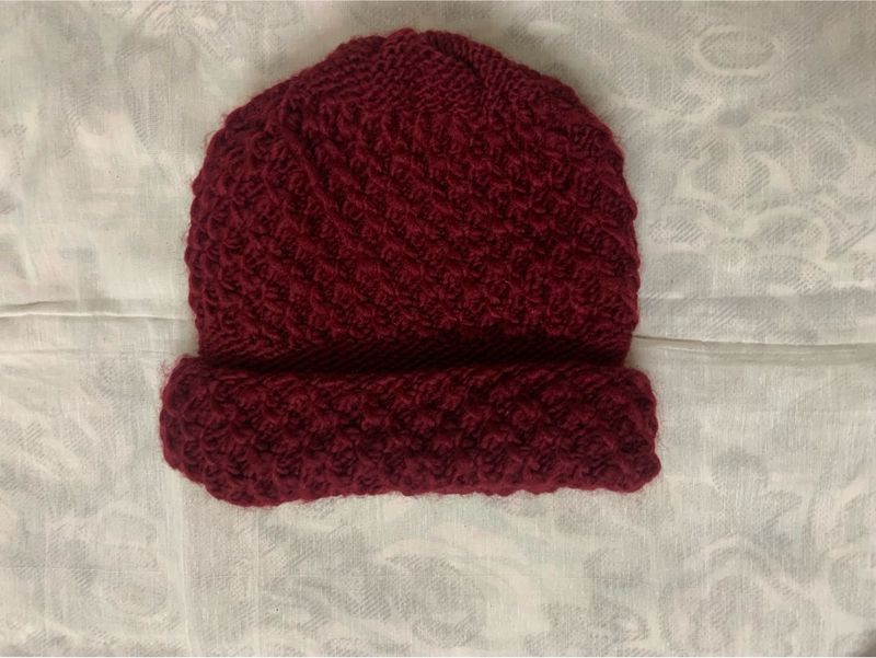 Unisex Maroon Self Design Beanie Warm Winter Cap