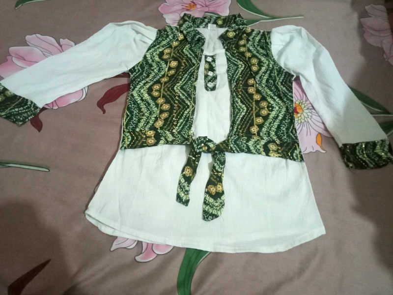 Girls White Tunic Top with green banarasi design
