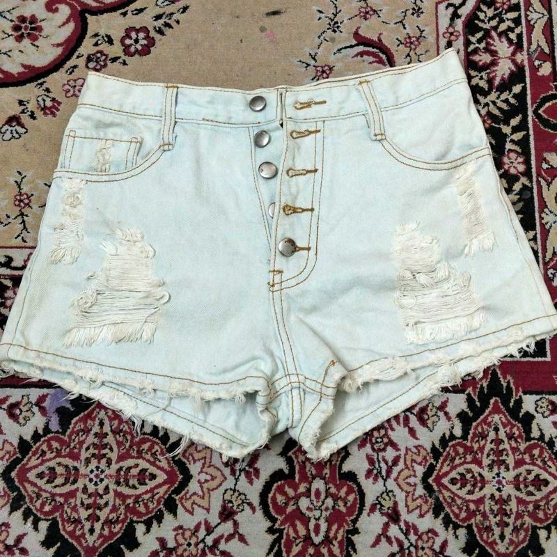 Distressed Denim Button-Down Shorts