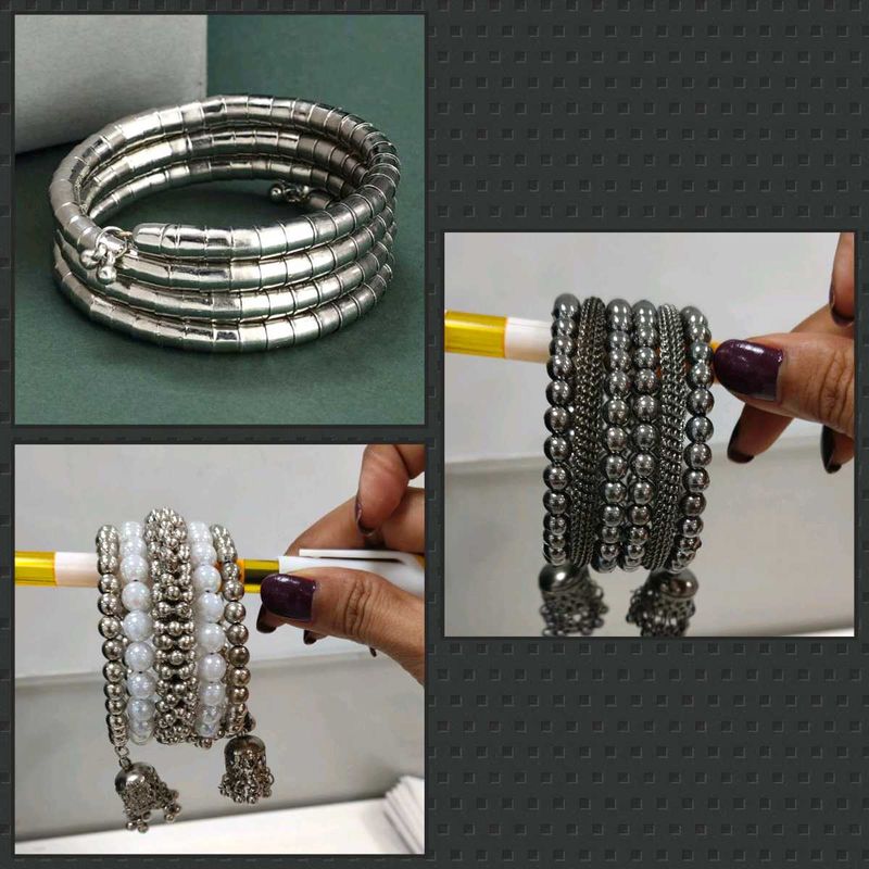 Silver &amp; Pearl Bangles Combo Of 3