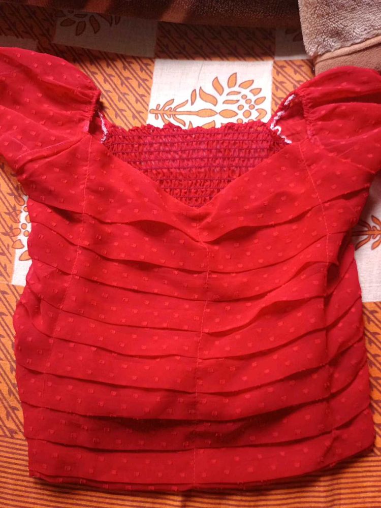 Red Colour Crop Top With Long Sleeve.