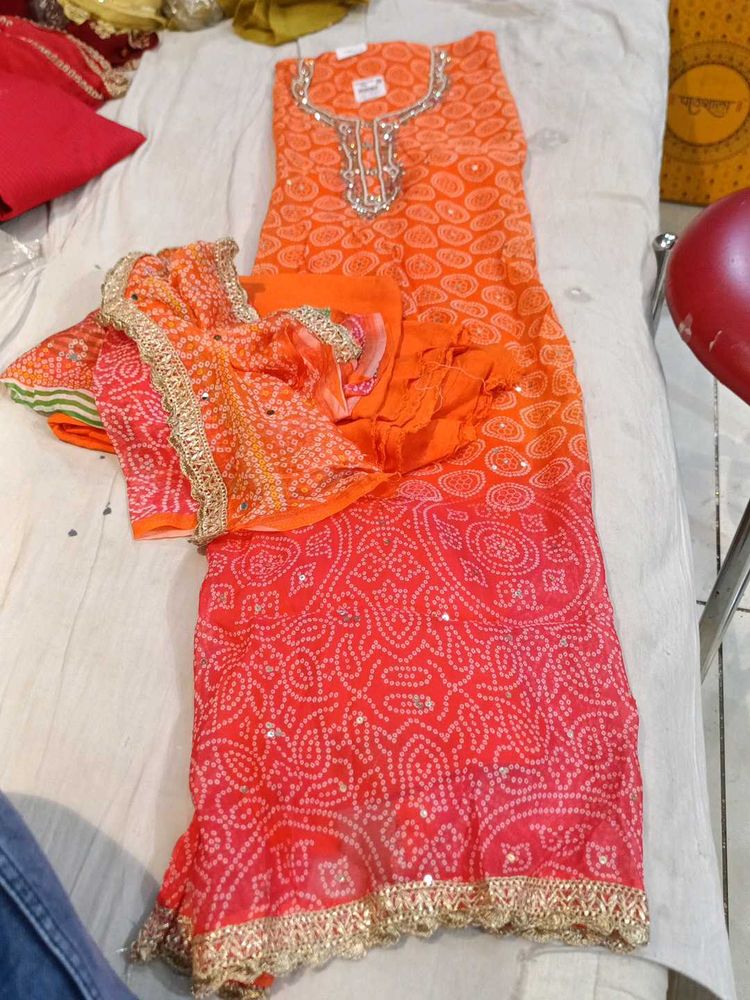Orange Bandhani Dress Material
