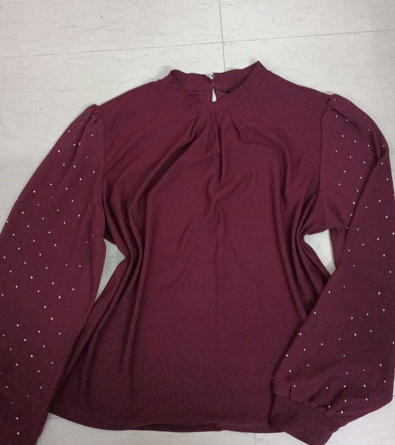 Burgundy Blouse with Beaded Sleeves