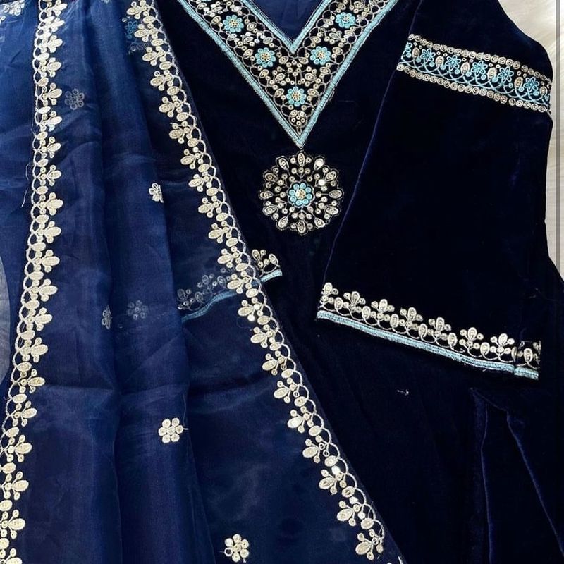 Pure Viscose Velvet With Embroidery Suit Set XL