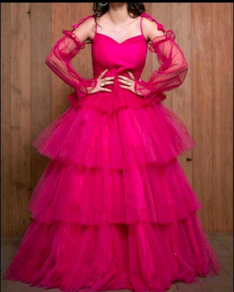 Hot Pink Tulle Tiered Gown