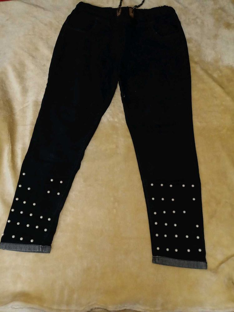 Black Beaded Ankle Jeans