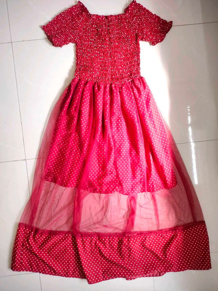 Polka Dot Retro Net In Middle Maxi Dress For Women