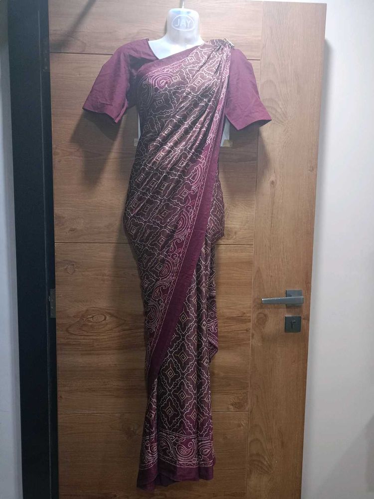 Maroon Printed Saree With Blouse🌺