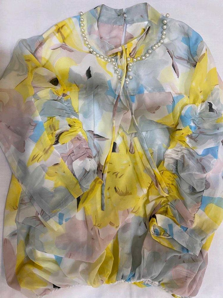 Floral Chiffon Blouse with Pearls