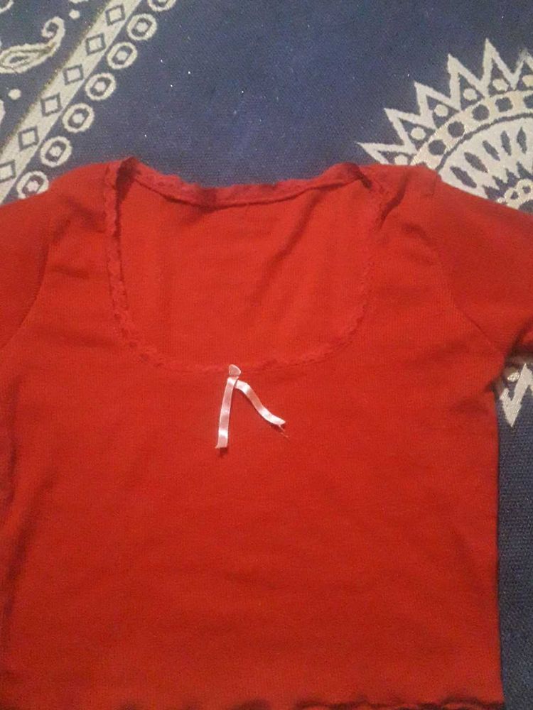 Red Cropped Top with Ribbon Detail