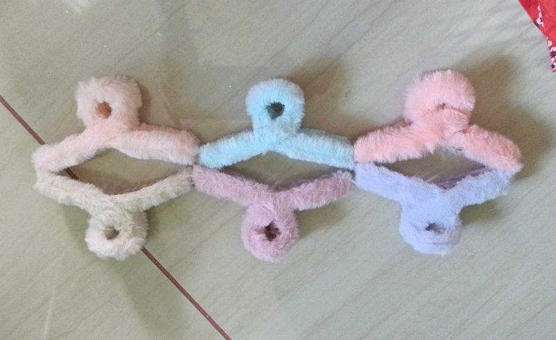 Pastel Fuzzy Hair Clips 6 pieces