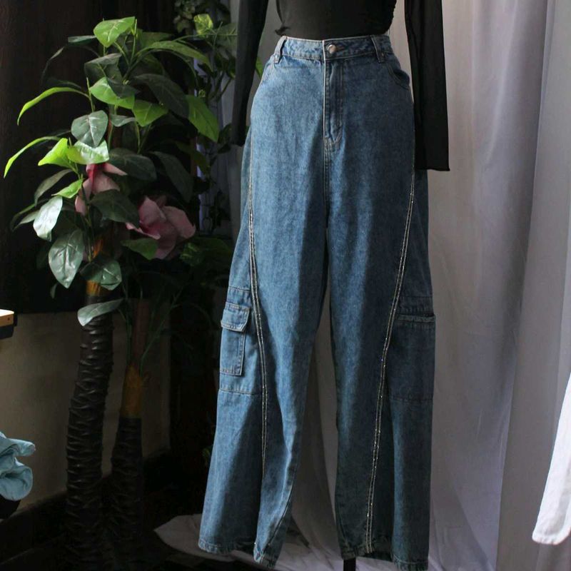 Cargo Denim Rhinestones Pants