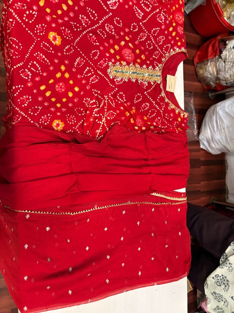 Bandhej Red Embroidered Kurta Set