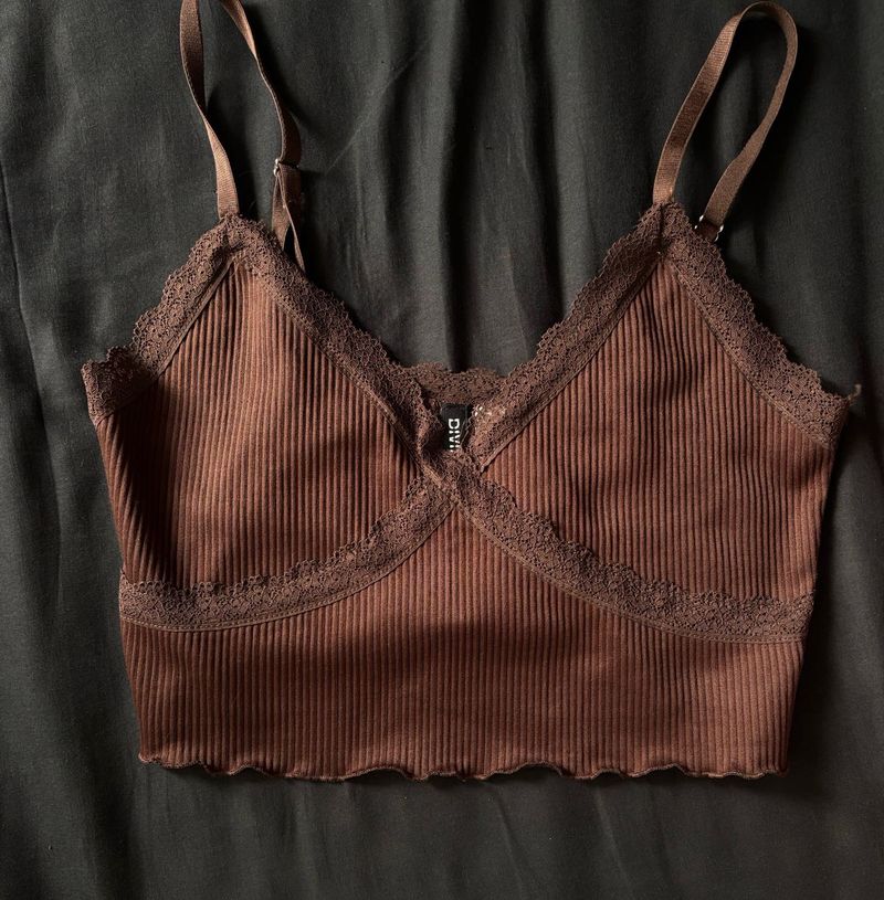 Brown lace trim crop top