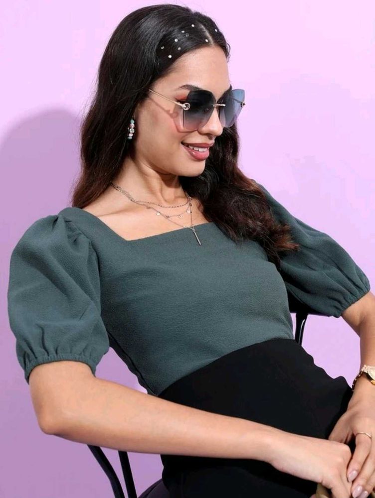 Tokyo Talkies Chic Green Puff Sleeve Top