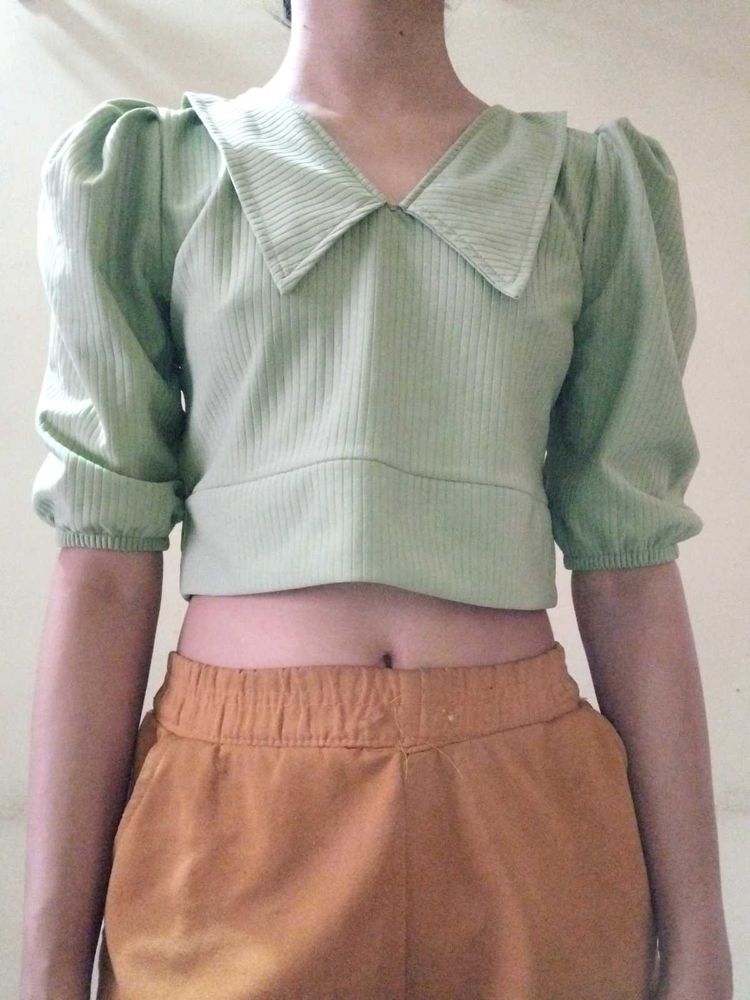 Cute Green Collared Crop Top