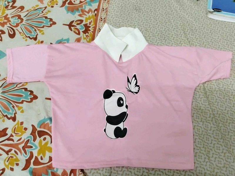 Cute Panda White Collared Pink Top