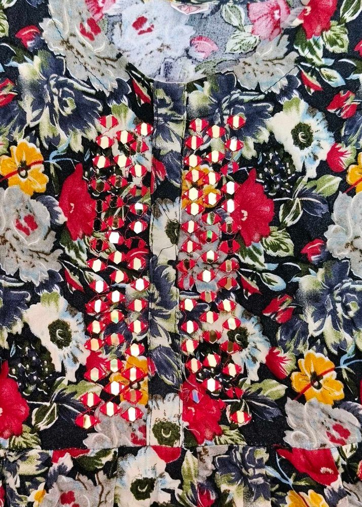 Boho Floral Mirror Work Tunic Top Dress