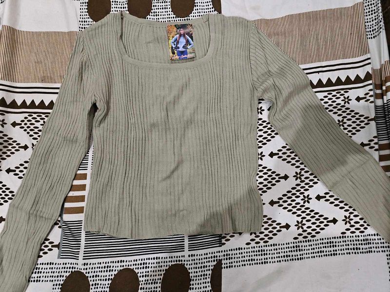 Sage khakhi Ribbed Long Sleeve Top